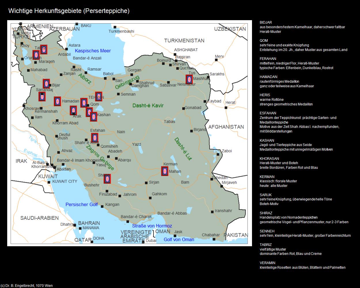 Wichtige Herkunftsgebiete (IRAN-Perserteppiche) in Iran